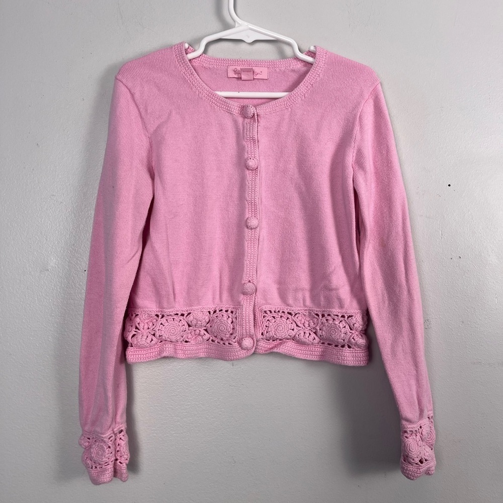 LILLY PULITZER GIRL'S SIZE 5 BUNNY CARDIGAN SWEATER crochet pink spring Easter